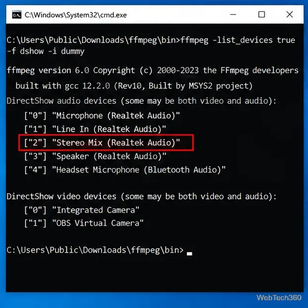 Command Prompt output from FFmpeg listing DirectShow audio devices with Stereo Mix highlighted