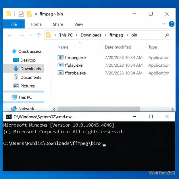 File Explorer showing the extracted FFmpeg bin folder and a Command Prompt opened in that directory