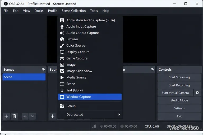 В меню «Источники OBS» в Windows, при выделенном окне «Захват окна»
