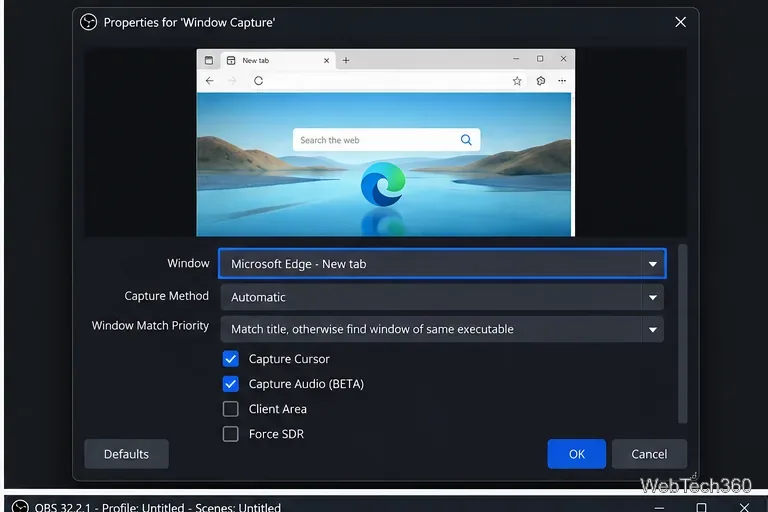 Свойства захвата окна OBS с выбранным в качестве второго источника окном Microsoft Edge
