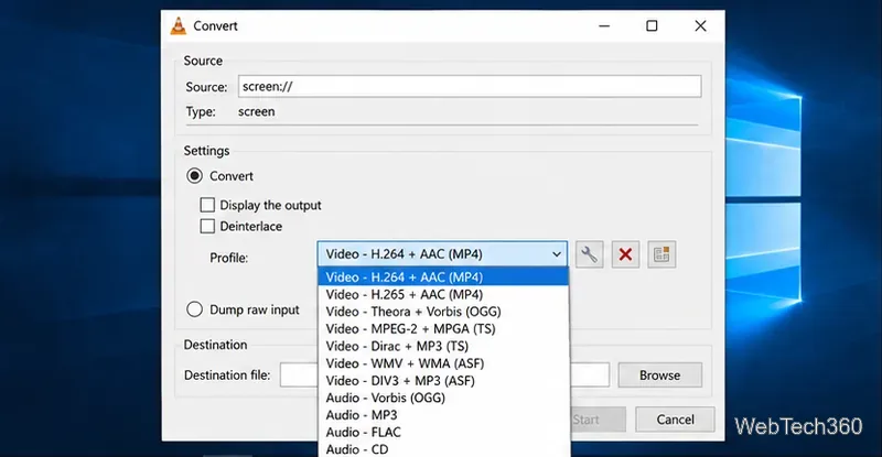 Fereastra VLC Convert cu profilul Video - H.264 plus AAC MP4 evidențiat.