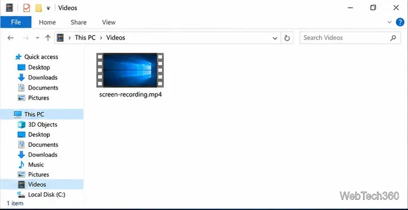 Deschideți Explorer în folderul Videoclipuri cu fișierul screen-recording.mp4 vizibil.
