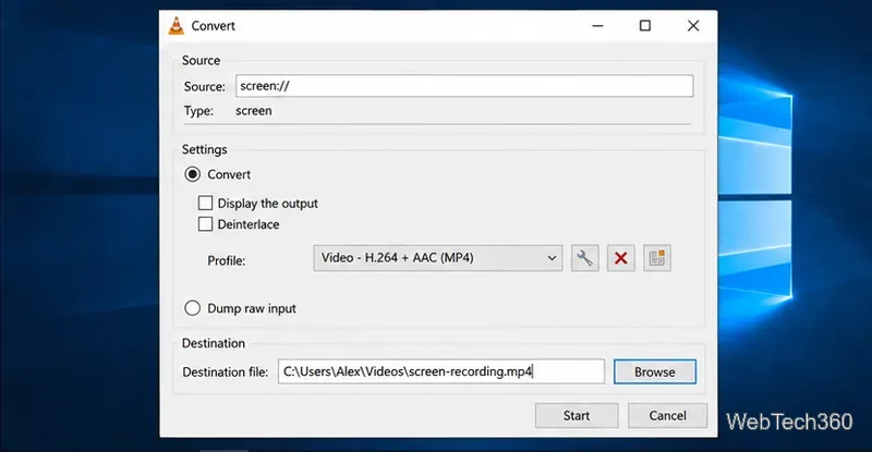 Caseta de dialog VLC Convert cu o cale de destinație care se termină în Videos screen-recording.mp4.