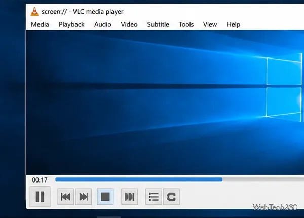 Fereastra VLC afișează fluxul de pe desktop cu controlul pătrat Stop vizibil în bara de instrumente de redare.