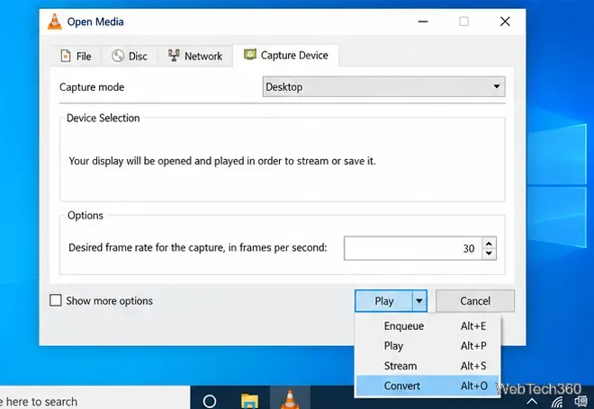 Caseta de dialog VLC Open Media cu opțiunea Convert selectată din meniul derulant de lângă Play.