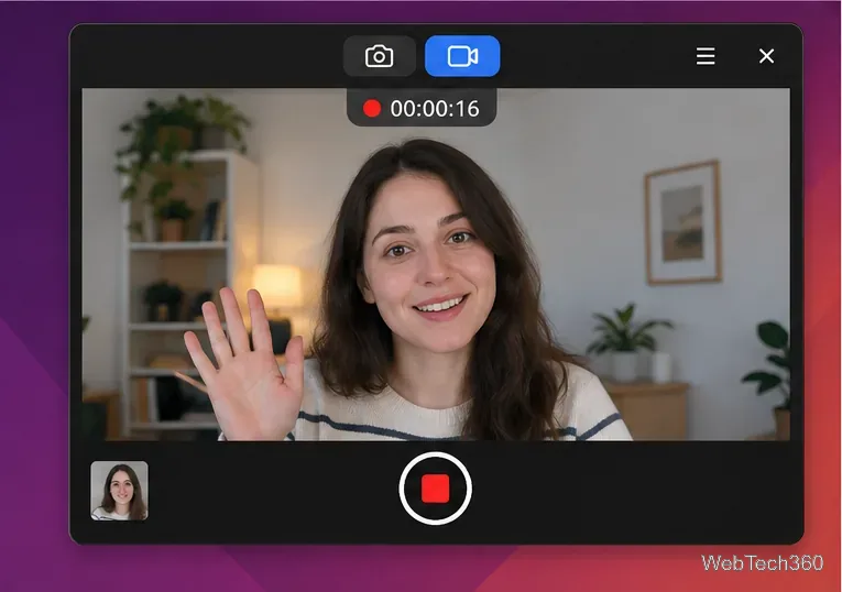GNOME Camera actively recording a webcam video with a timer and square stop button
