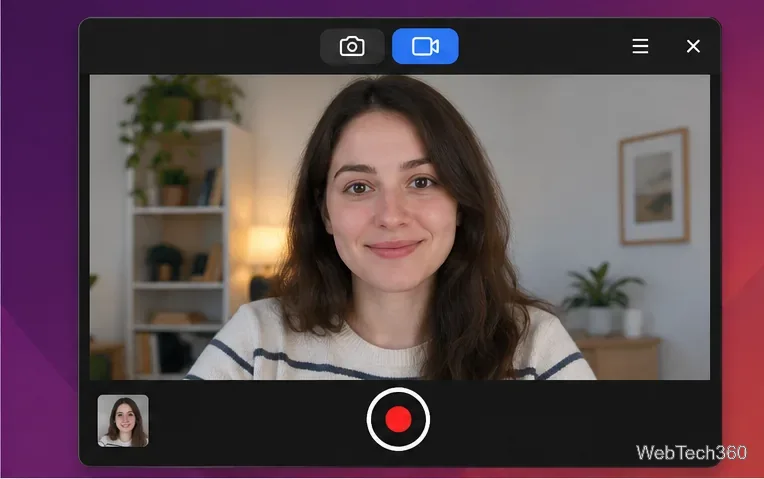 GNOME Camera showing a live webcam preview with video mode selected and the record button ready