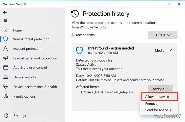 В истории защиты Windows 10 отображается сообщение «Обнаружена угроза, требуется действие», при этом выделен пункт «Разрешить на устройстве».