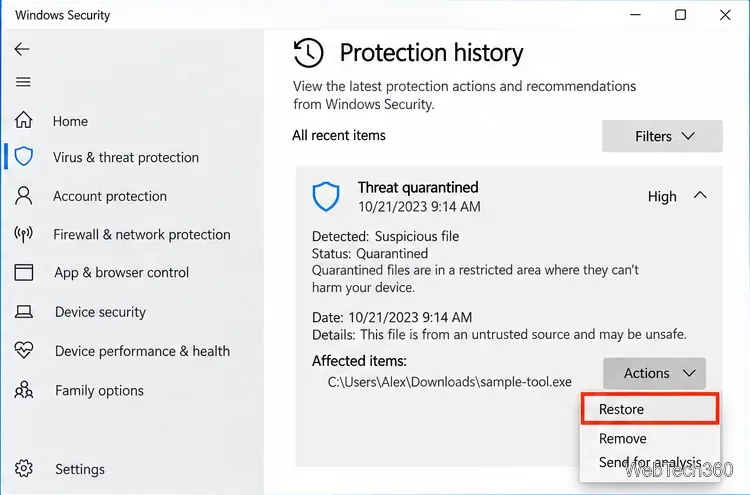 В истории защиты Windows 10 отображается карточка с угрозой, помещенной в карантин, с выбранным действием «Восстановить».