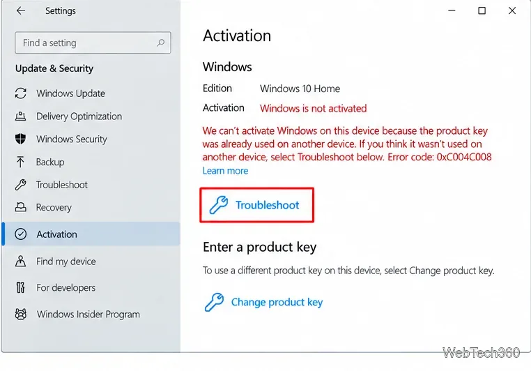 Windows 10 Activation settings showing Windows is not activated and the Troubleshoot button