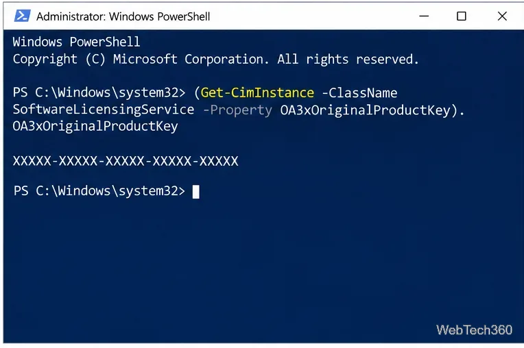 Administrator Windows PowerShell showing a Get-CimInstance command for the OA3xOriginalProductKey firmware value