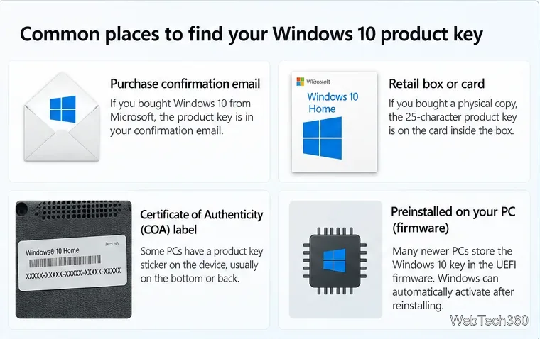 Guide showing common Windows 10 product key locations including email, retail card, COA label, and PC firmware