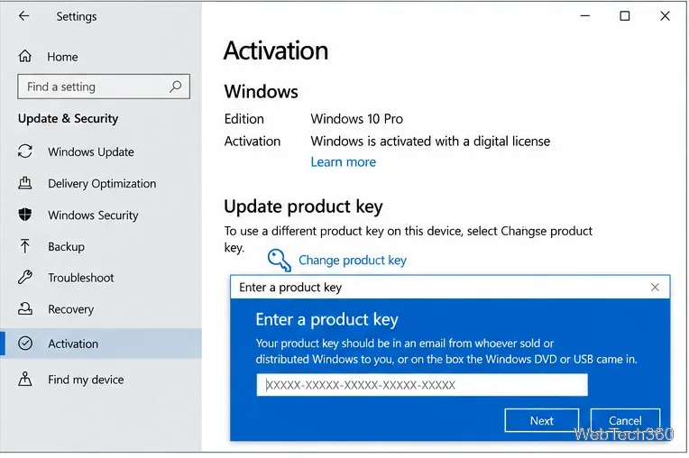 Windows 10 Pro Activation page with the Change product key dialog open