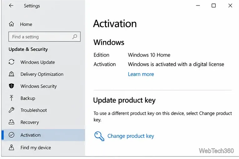 Windows 10 Activation settings showing Windows 10 Home activated with a digital license