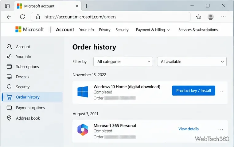 Microsoft account Order history page showing a completed Windows 10 digital download purchase