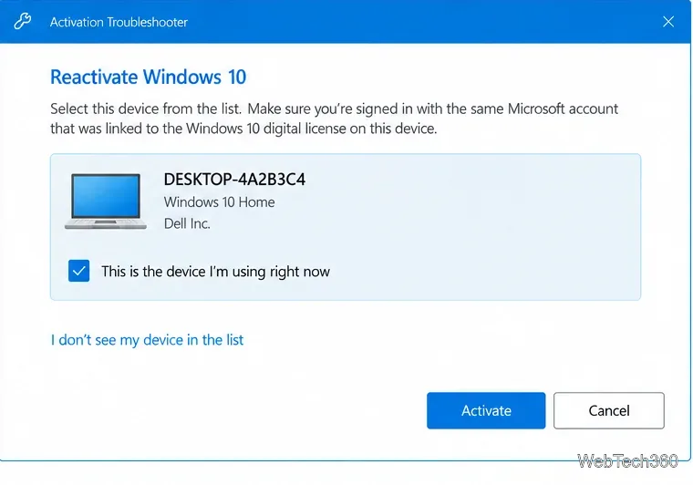 Windows 10 Activation Troubleshooter with a device selected for digital license reactivation