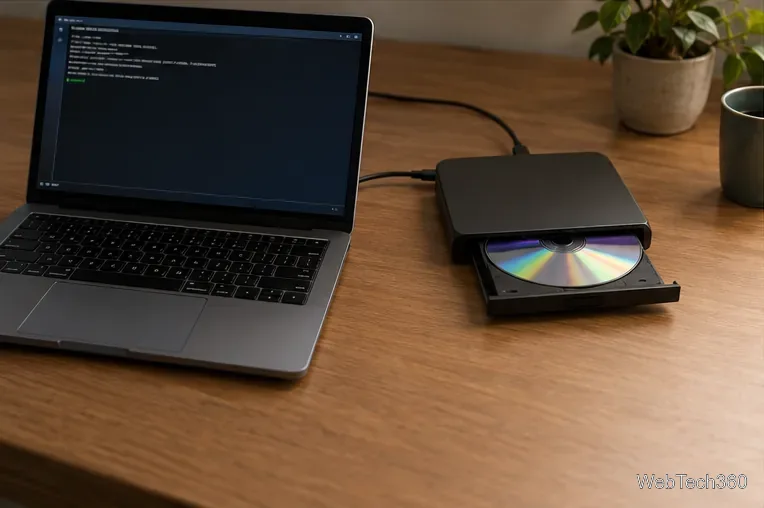Laptop z systemem Linux obok zewnętrznego napędu DVD USB z płytą z danymi w szufladce.