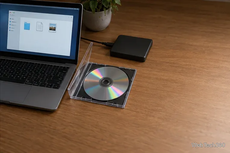 Laptop z prostym oknem na pliki, obok którego w obudowie znajduje się płyta DVD i oddzielny zewnętrzny napęd do tworzenia kopii zapasowych.