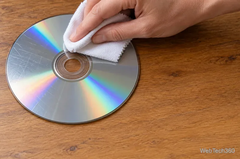 Ręka przykłada miękką, białą, niepozostawiającą włókien ściereczkę do płyty DVD położonej na drewnianym biurku, a następnie ją czyści.