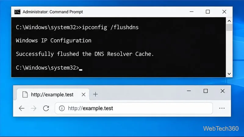 Linia de comandă Windows afișează ipconfig /flushdns finalizat deasupra barei de adrese a browserului, de exemplu.test