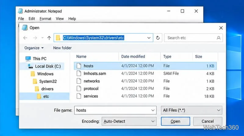 Deschideți caseta de dialog Notepad din Windows 10 în folderul drivers\etc cu fișierul hosts vizibil și opțiunea Toate fișierele selectată