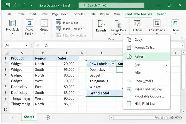 Контекстное меню сводной таблицы Excel с выделенной командой «Обновить».