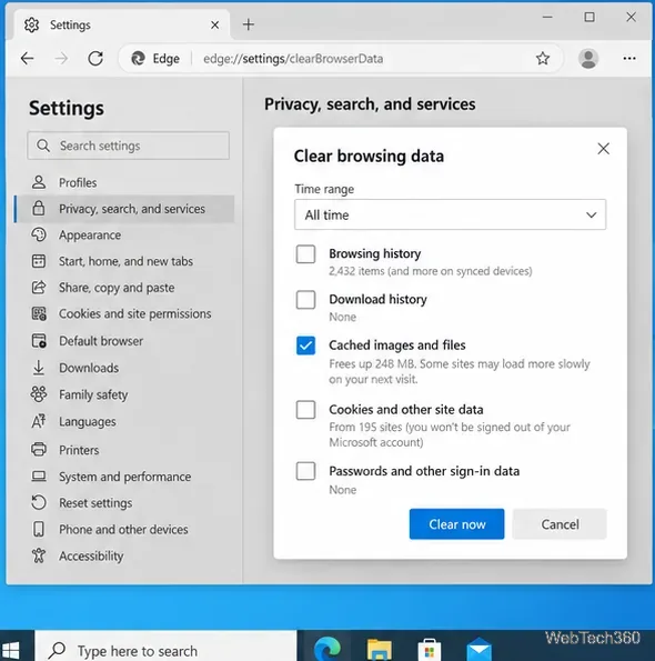 Edge Clear browsing data dialog with only Cached images and files selected.