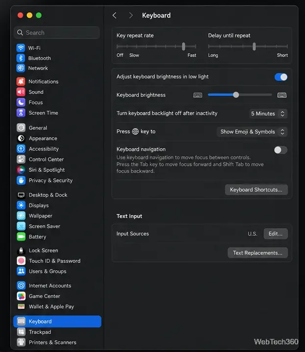 หน้าต่างแป้นพิมพ์ในเมนูการตั้งค่าระบบของ macOS จะแสดงปุ่มทางลัดแป้นพิมพ์