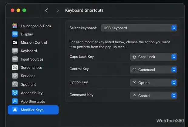 ในแผงปุ่มตัวดัดแปลง (Modifier Keys) เลือกแป้นพิมพ์ USB ไว้ โดยตั้งค่าปุ่ม Control เป็น Command และปุ่ม Command เป็น Control