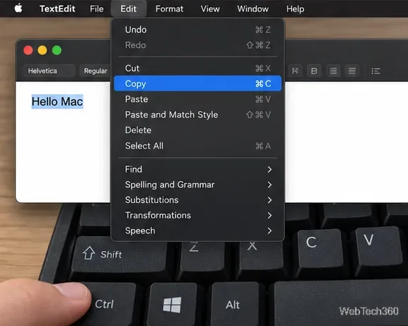 TextEdit จะแสดงตัวเลือก Copy เมื่อใช้ปุ่มลัด Command-C ในขณะที่นิ้วกดปุ่ม Ctrl บนแป้นพิมพ์คอมพิวเตอร์