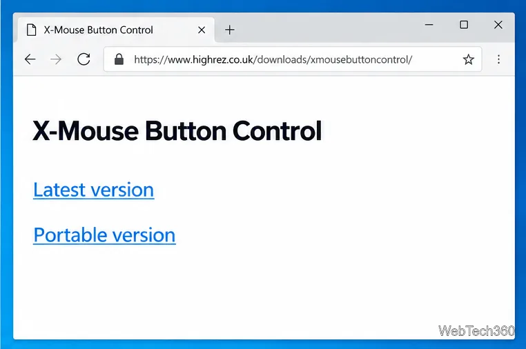 Ilustrație a paginii editorului X-Mouse Button Control cu ​​linkuri de descărcare pentru cea mai recentă versiune și versiunea portabilă.