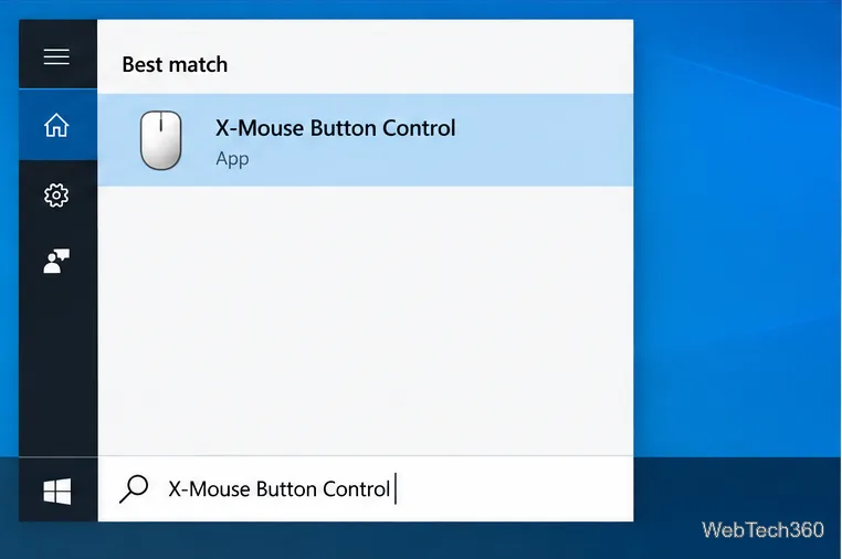 Ilustrație a rezultatului căutării din Start în Windows 10 pentru Controlul butonului X-Mouse.