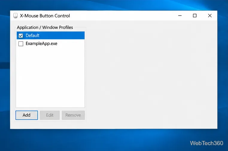 Ilustrație a listei de profiluri XMBC Application/Window care prezintă Default, ExampleApp.exe și un buton Adaugă.
