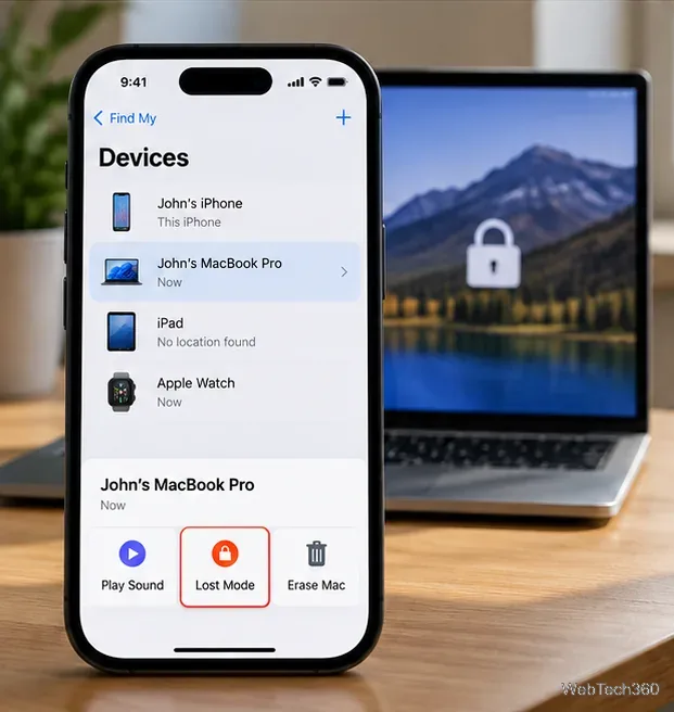 La liste des appareils disponibles dans la fonction « Localiser mon iPhone » sélectionne un MacBook et propose l’option « Mode Perdu ».