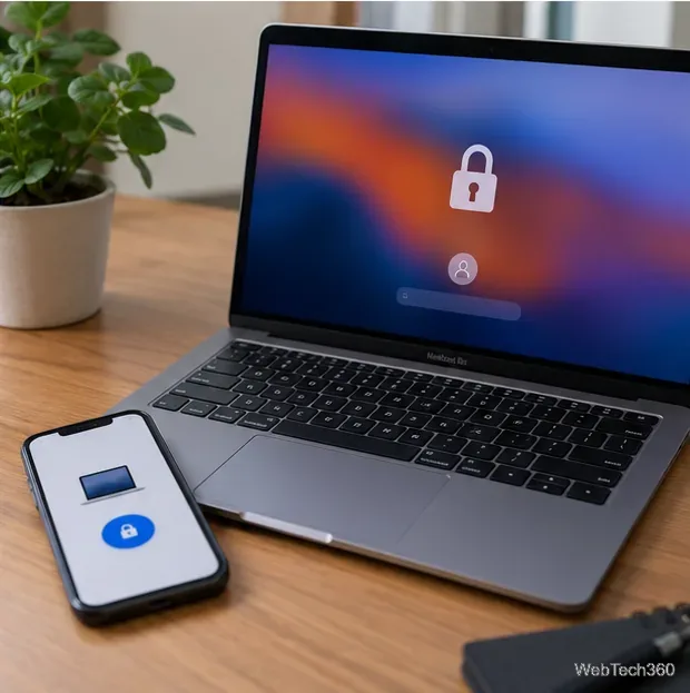 Un MacBook verrouillé est posé à côté d'un iPhone affichant un symbole de verrouillage à distance.