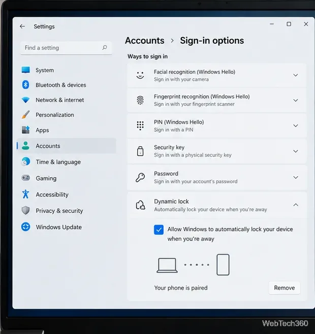L'écran des options de connexion de Windows 11 indique que le verrouillage dynamique est activé pour un téléphone jumelé.
