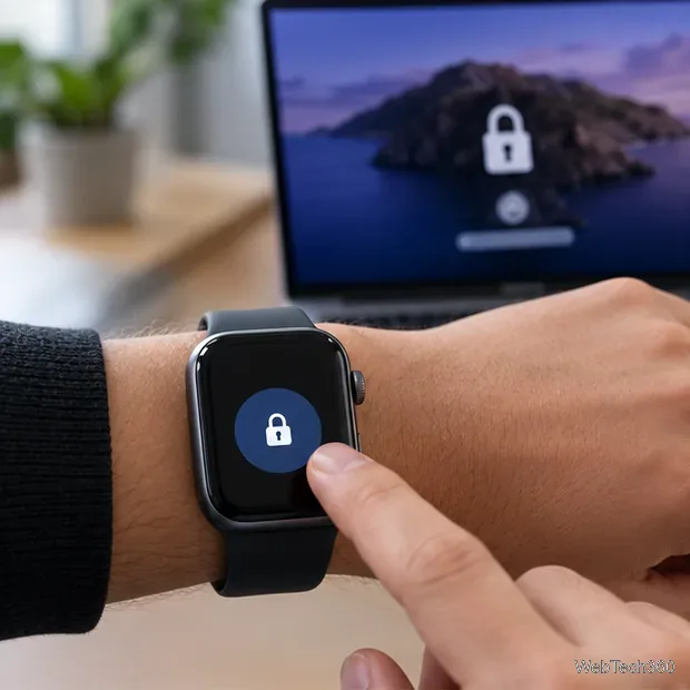 Une personne appuie sur l'icône de verrouillage d'une Apple Watch à côté d'un écran d'ordinateur portable verrouillé.