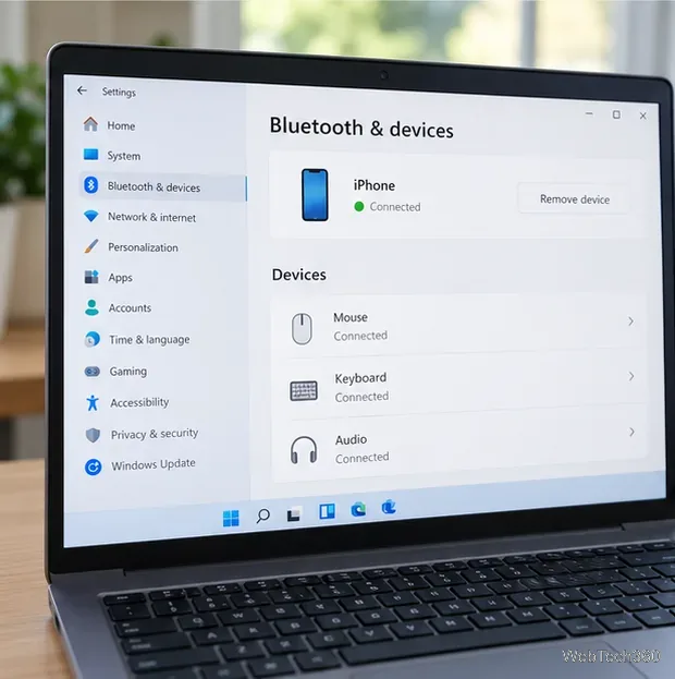Les paramètres Bluetooth et périphériques de Windows 11 affichent un iPhone jumelé