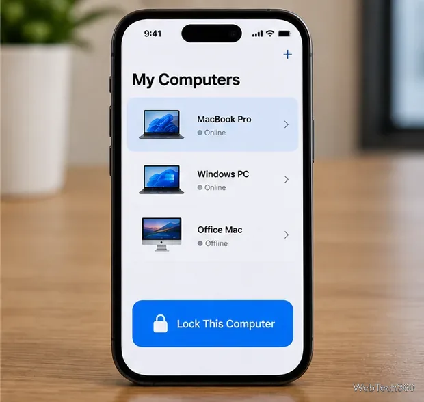 L'écran d'un iPhone affiche plusieurs ordinateurs avec un bouton de verrouillage bien visible.
