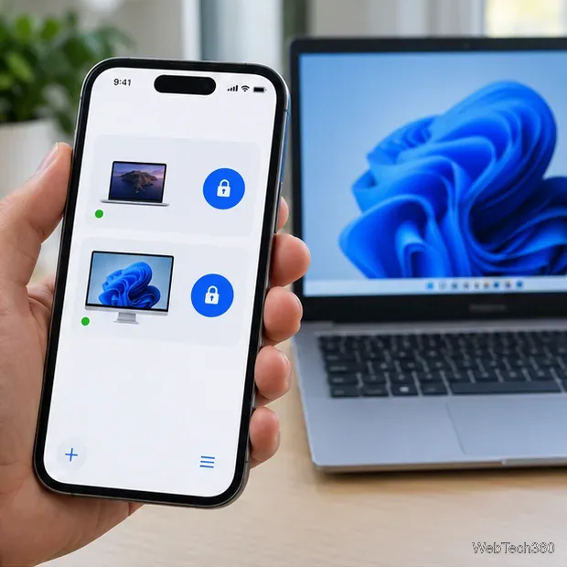 Un iPhone affiche deux icônes d'ordinateur avec des commandes de verrouillage distinctes à côté d'un ordinateur portable Windows.