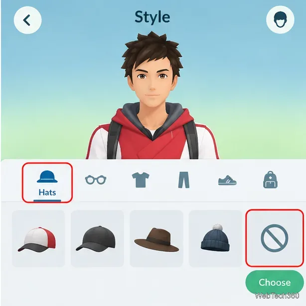 ポケモンGO風の帽子選択画面。キャップと、帽子なしのタイルに斜線が入っている。