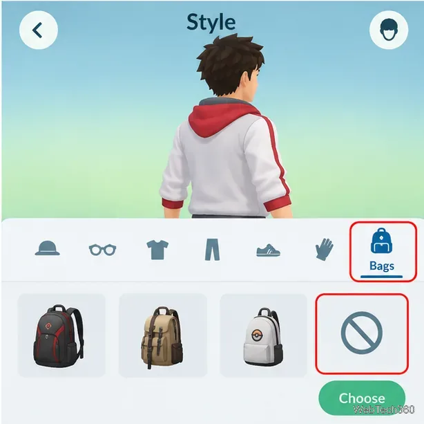 ポケモンGO風のバッグカテゴリー。バックパックと、バッグなしを示す斜線入りのタイルが表示されます。