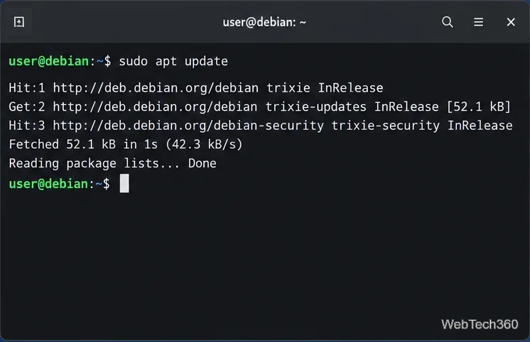 APTリポジトリが削除された後に、Debianターミナルでsudo apt updateを実行する