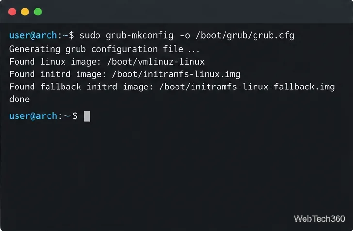 Arch Linux terminal showing grub-mkconfig writing to /boot/grub/grub.cfg