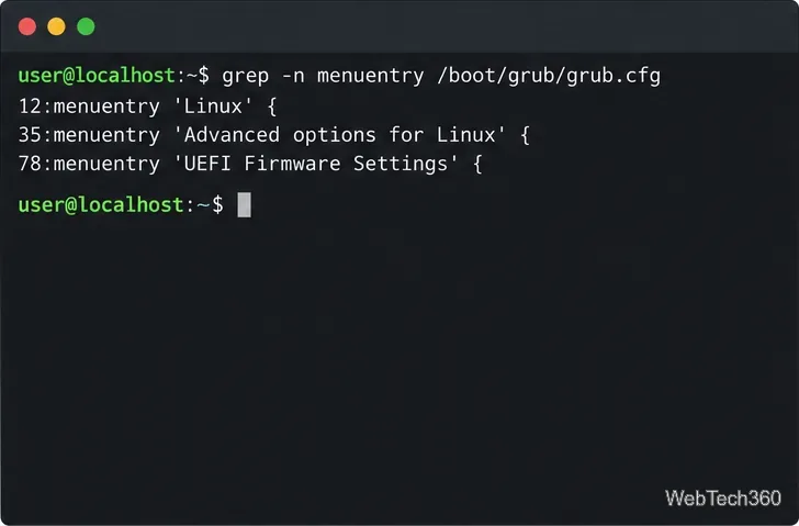 Read-only grep command listing menuentry lines from the GRUB configuration