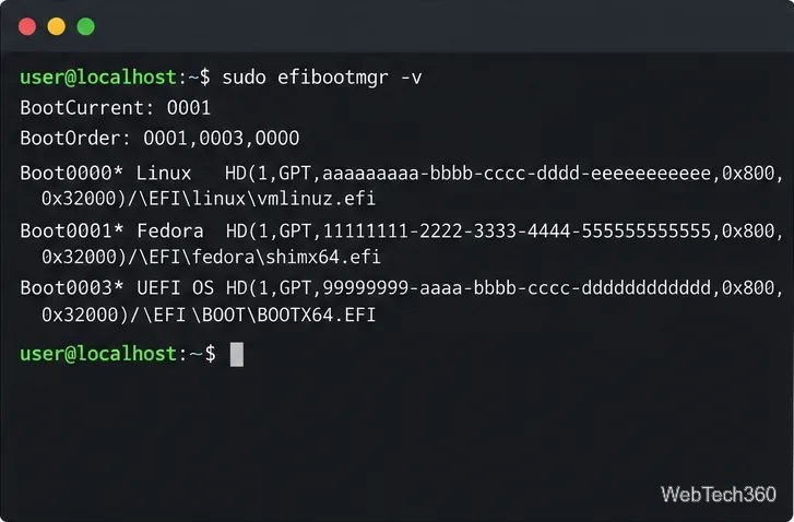 efibootmgr output listing BootCurrent, BootOrder, and UEFI boot entries