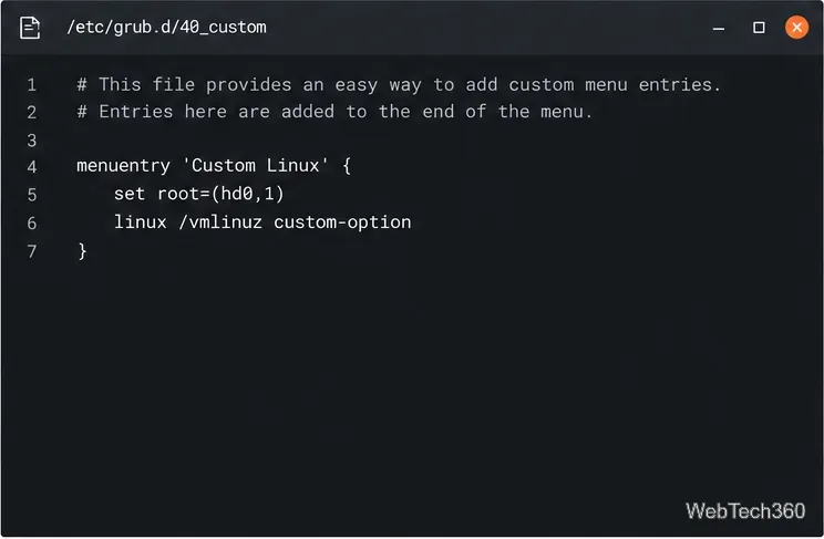 Text editor showing a custom GRUB menuentry in /etc/grub.d/40_custom