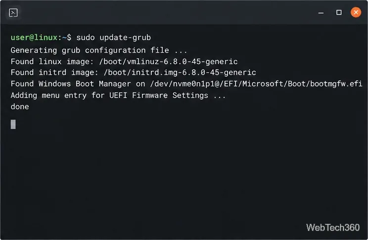 Terminal command sudo update-grub regenerating the GRUB menu