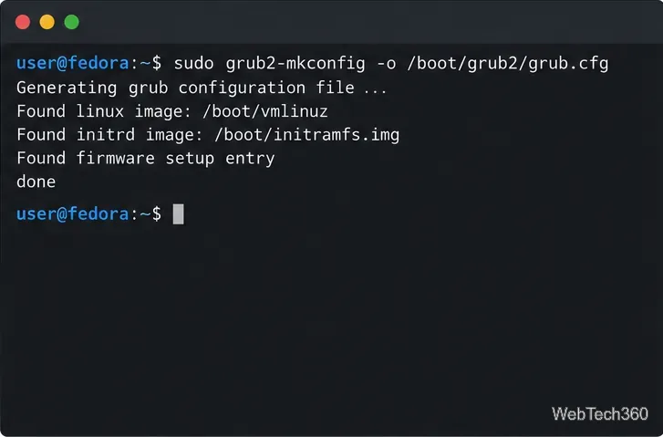 Fedora terminal showing grub2-mkconfig writing to /boot/grub2/grub.cfg