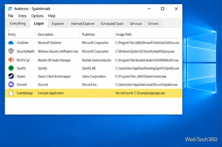 A aba "Logon" do Sysinternals Autoruns exibe uma linha amarela do ExampleApp cujo caminho da imagem indica "Arquivo não encontrado".